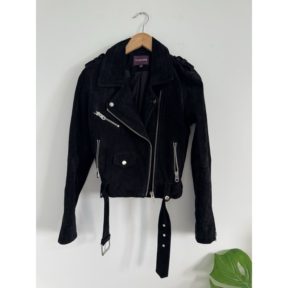 Vigoss Suede Leather Belted‎ Gray Moto Jacket Sz M Fits Sz S